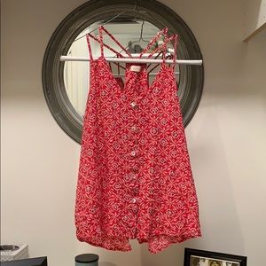 Red, Blue, and Cream Patterned Sleeveless Shirt